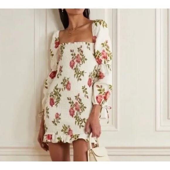 Reformation Floral Linen Mini Dress Sz M Bohemian Long Sleeves Hilary Smocked - Picture 1 of 9
